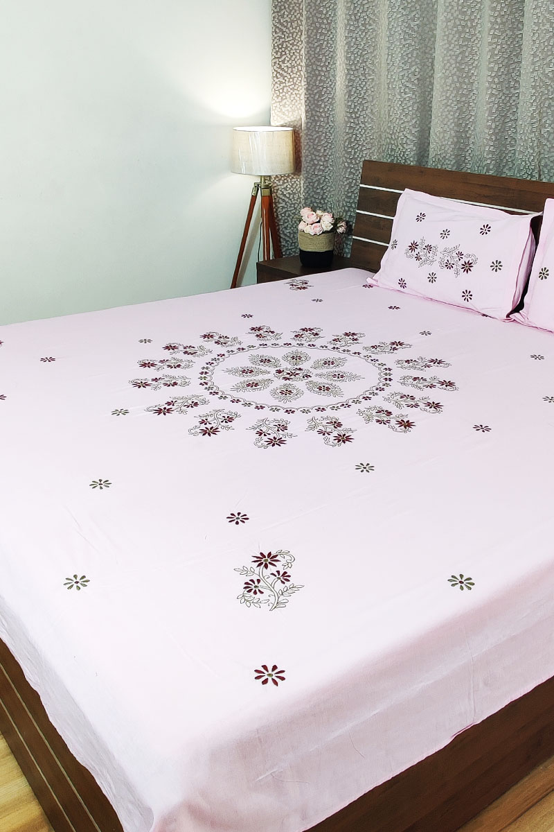 Pink Color Lucknowi Chikankari Cotton Bedsheet Mc251785